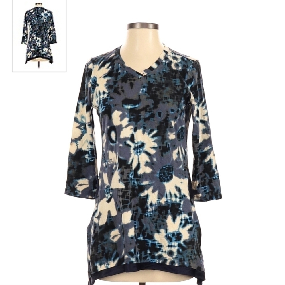 LOGO by Lori Goldstein Blue Floral Tunic Women's Small S Pockets Long Sleeve EUC
